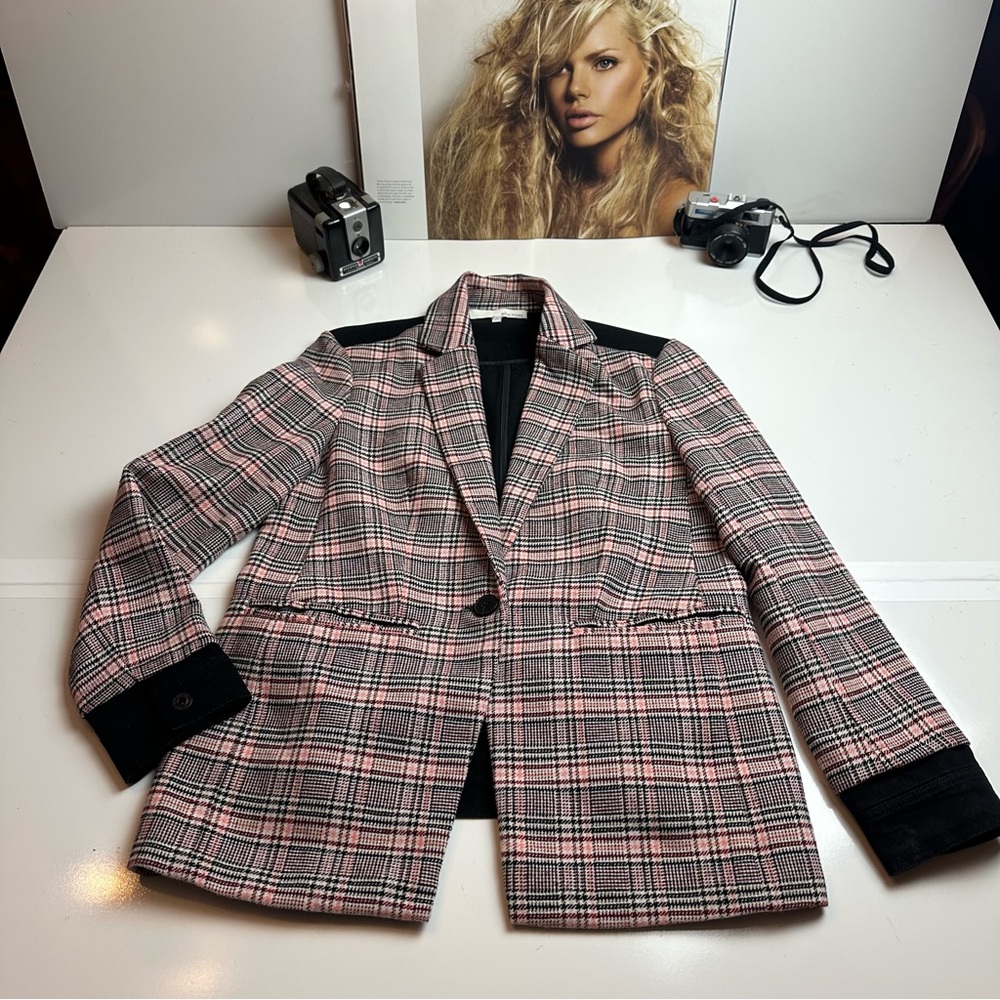 Ella Moss Plaid Tweed Mixed Media Blazer Black Denim Back Career Jacket